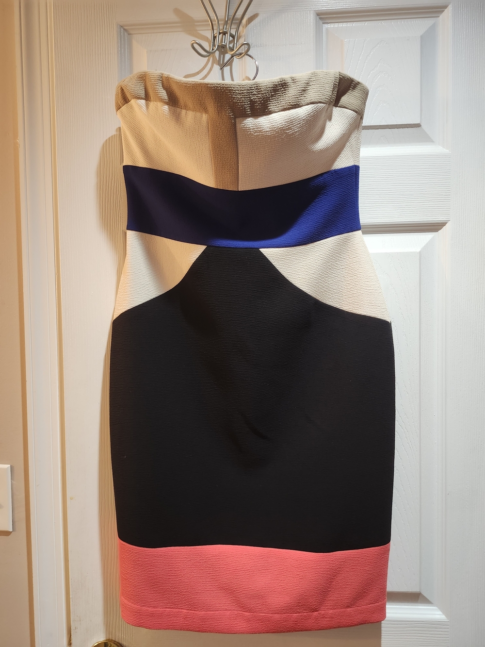 BCBGMaxAzria Strapless Colorblock Dress in Cream, Blue, Black & Coral